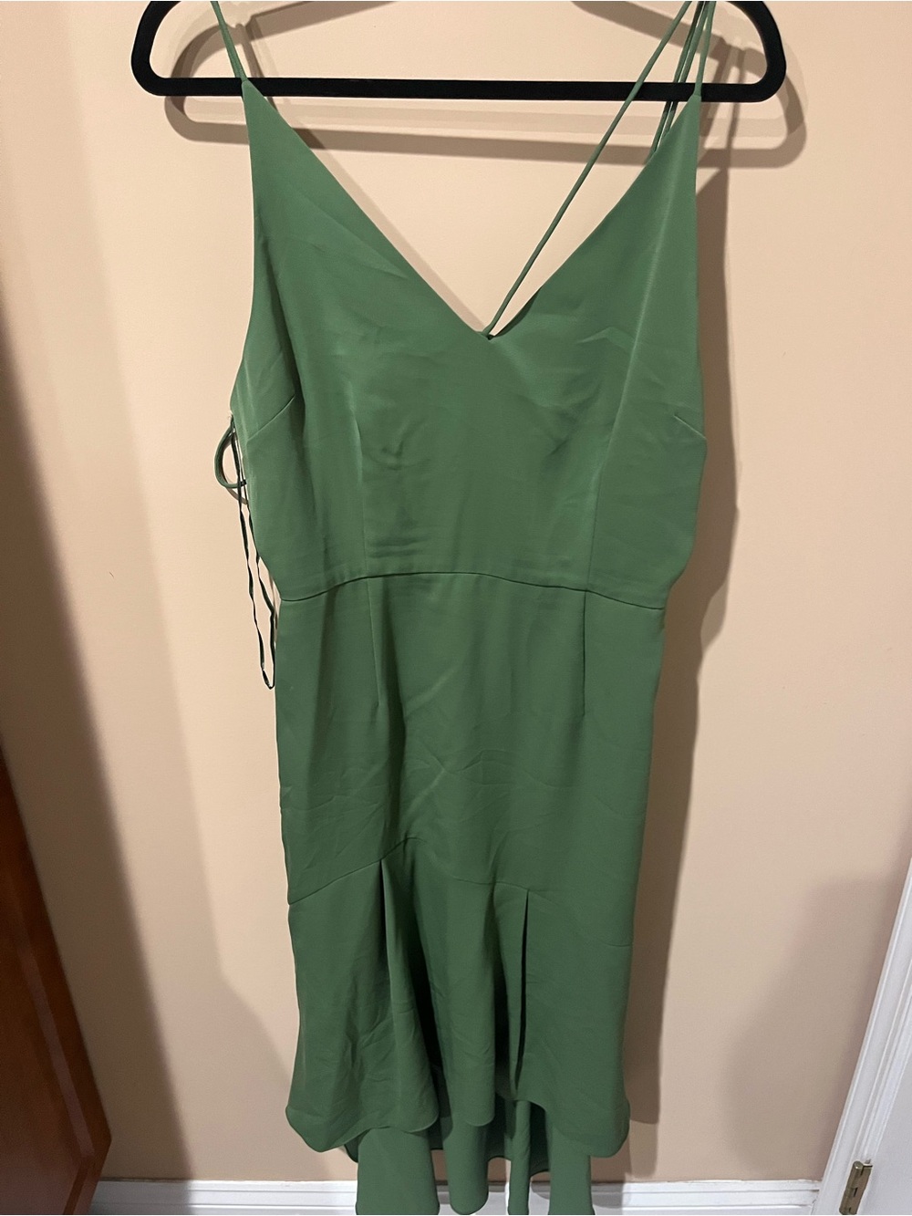 Green V-Neck High-Low Slip Dress with Spaghetti Straps